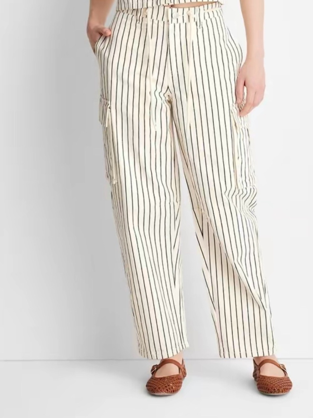 Striped White and Black Cargo Barrel Jeans